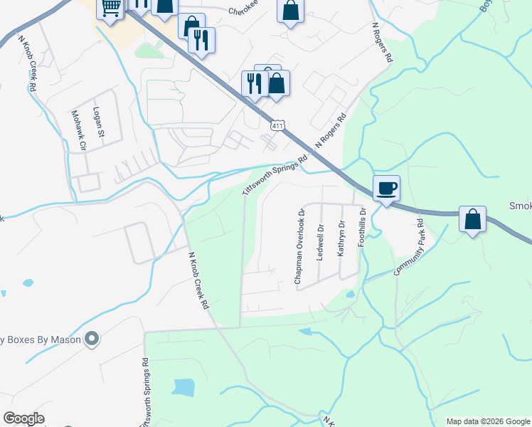 map of restaurants, bars, coffee shops, grocery stores, and more near 244 Bluff Shadows Lane in Seymour