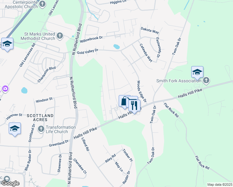 map of restaurants, bars, coffee shops, grocery stores, and more near 1416 Journey Drive in Murfreesboro
