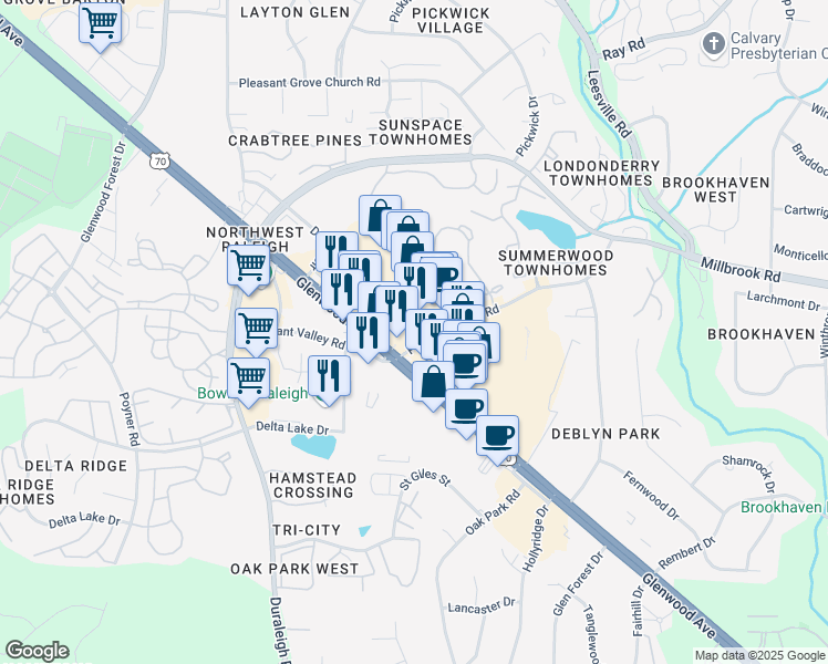map of restaurants, bars, coffee shops, grocery stores, and more near 6508 Glenwood Avenue in Raleigh