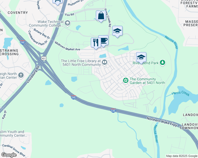 map of restaurants, bars, coffee shops, grocery stores, and more near 5116 Crescent Square Street in Raleigh