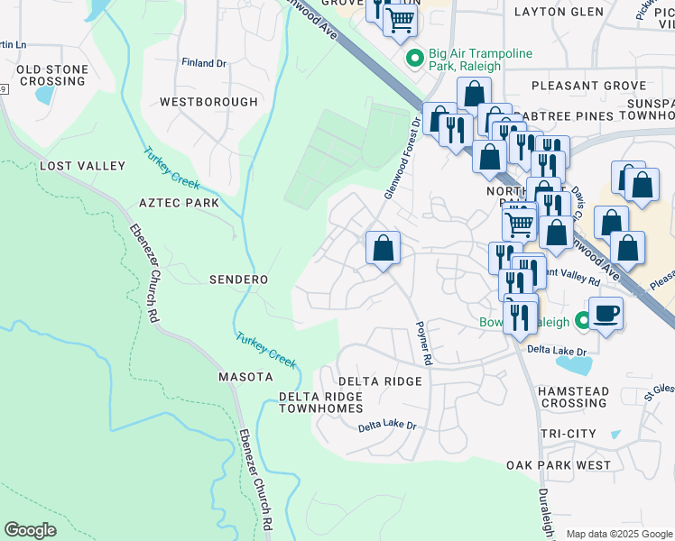 map of restaurants, bars, coffee shops, grocery stores, and more near 5829 Cameo Glass Way in Raleigh