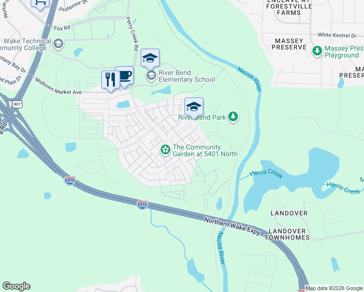 map of restaurants, bars, coffee shops, grocery stores, and more near 5424 Advancing Avenue in Wake County