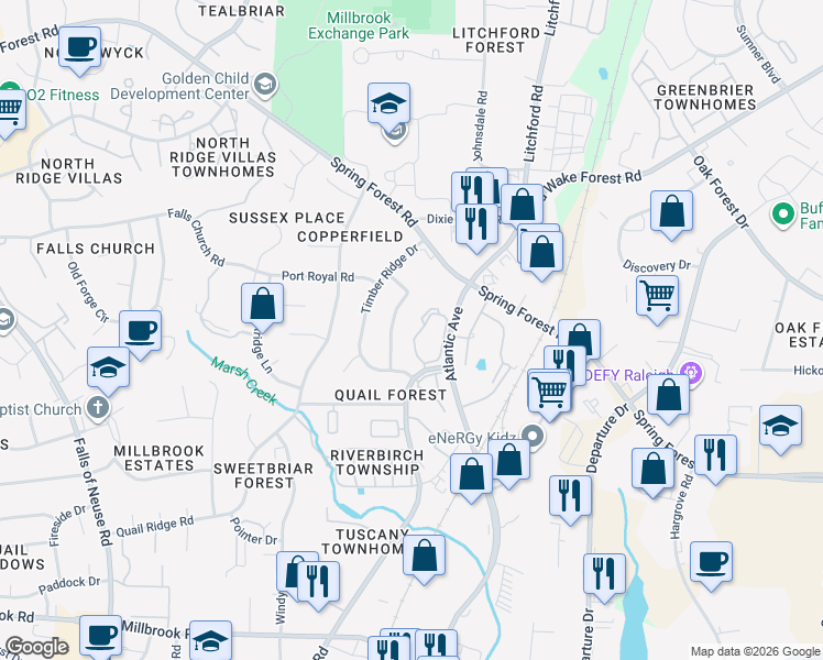 map of restaurants, bars, coffee shops, grocery stores, and more near 5832 Morning Forest Drive in Raleigh