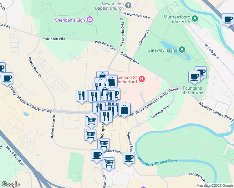 map of restaurants, bars, coffee shops, grocery stores, and more near 850 North Thompson Lane in Murfreesboro