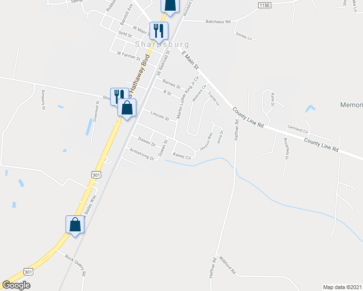 map of restaurants, bars, coffee shops, grocery stores, and more near 453 Kasey Circle in Sharpsburg
