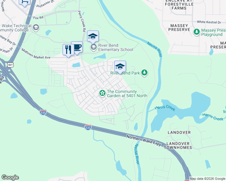 map of restaurants, bars, coffee shops, grocery stores, and more near 5424 Advancing Avenue in Wake County