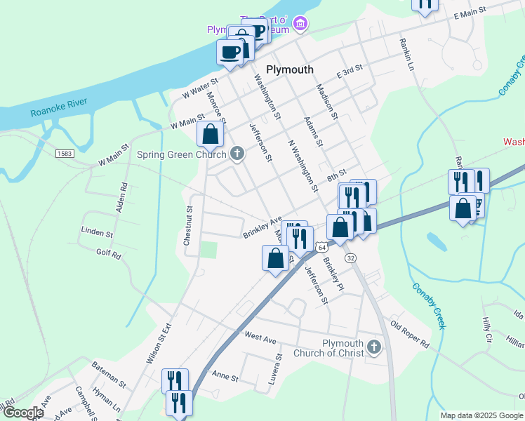 map of restaurants, bars, coffee shops, grocery stores, and more near 527 Monroe Street in Plymouth