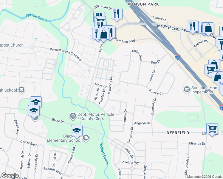 map of restaurants, bars, coffee shops, grocery stores, and more near 870 Maricopa Drive in Murfreesboro