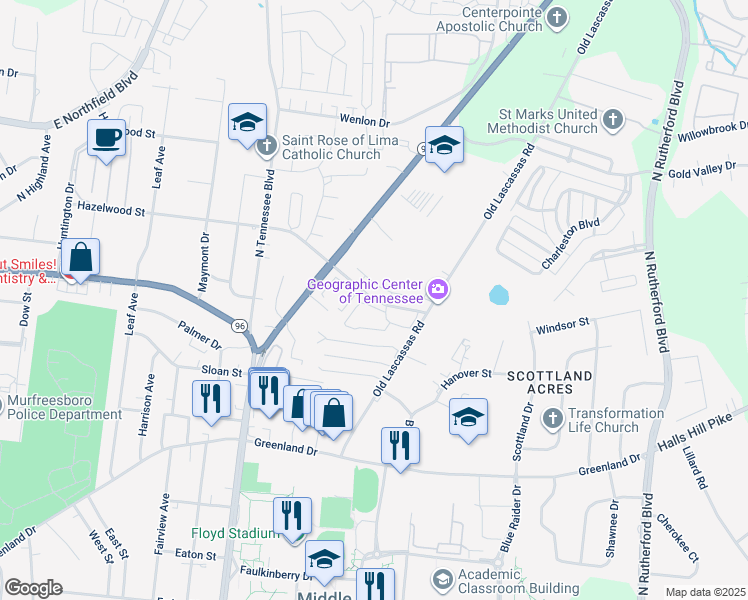 map of restaurants, bars, coffee shops, grocery stores, and more near 1303 Old Lascassas Road in Murfreesboro