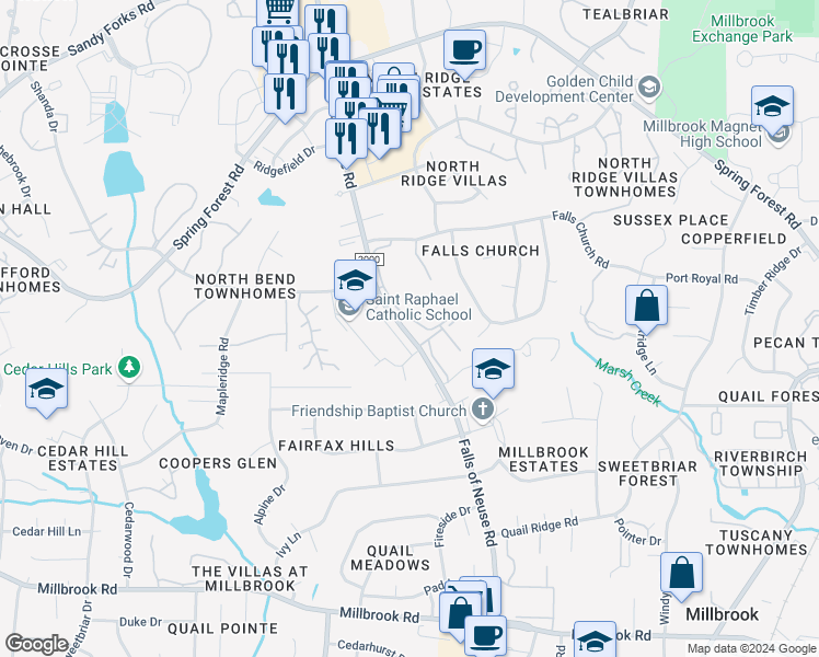 map of restaurants, bars, coffee shops, grocery stores, and more near 1217 H Manassas Court in Raleigh