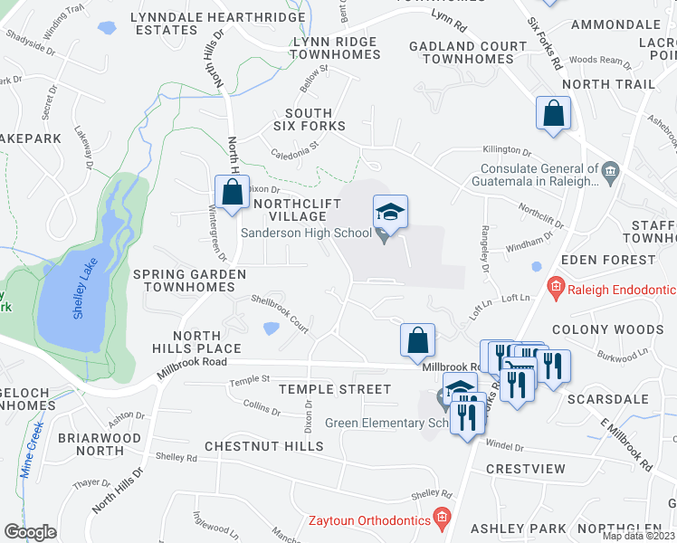 map of restaurants, bars, coffee shops, grocery stores, and more near 5915 Dixon Drive in Raleigh