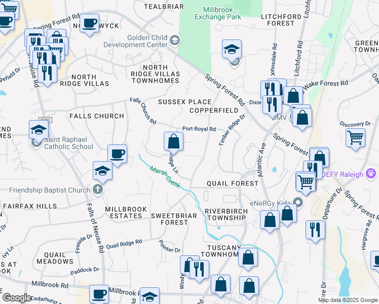 map of restaurants, bars, coffee shops, grocery stores, and more near 2008 Mallard Lane in Raleigh