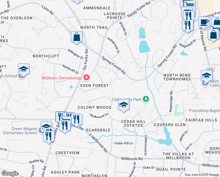 map of restaurants, bars, coffee shops, grocery stores, and more near 304 Dublin Road in Raleigh