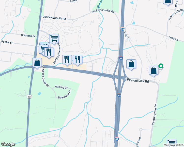 map of restaurants, bars, coffee shops, grocery stores, and more near 2500 Goose Creek Bypass in Franklin