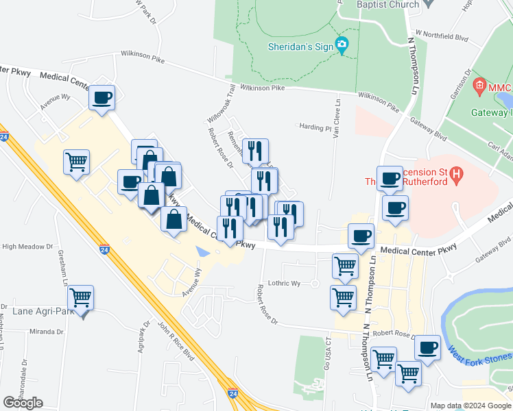 map of restaurants, bars, coffee shops, grocery stores, and more near 1208 Robert Rose Drive in Murfreesboro