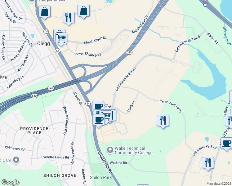 map of restaurants, bars, coffee shops, grocery stores, and more near 3020 Carrington Mill Boulevard in Morrisville