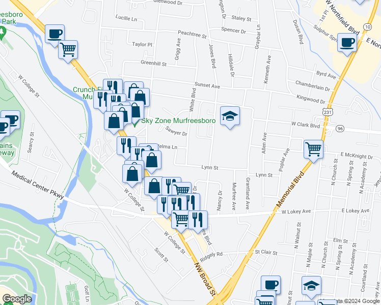 map of restaurants, bars, coffee shops, grocery stores, and more near 1112 White Boulevard in Murfreesboro
