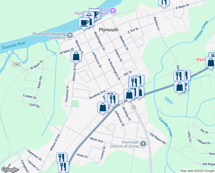 map of restaurants, bars, coffee shops, grocery stores, and more near 539 Jefferson Street in Plymouth
