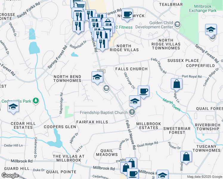map of restaurants, bars, coffee shops, grocery stores, and more near 5602 Falls of Neuse Road in Raleigh