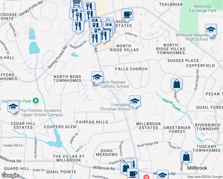 map of restaurants, bars, coffee shops, grocery stores, and more near 5602 Falls of Neuse Road in Raleigh