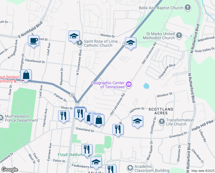 map of restaurants, bars, coffee shops, grocery stores, and more near 1303 Old Lascassas Road in Murfreesboro