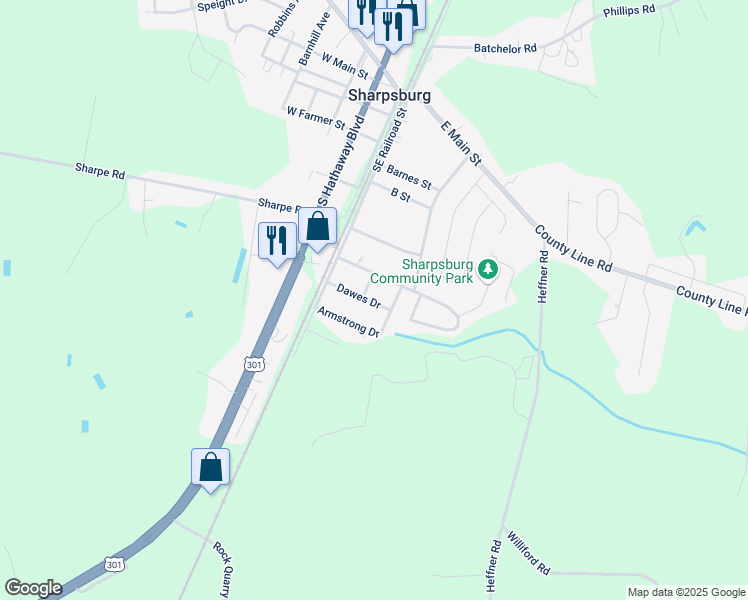 map of restaurants, bars, coffee shops, grocery stores, and more near 128 Dawes Drive in Elm City