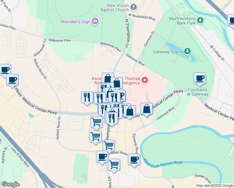map of restaurants, bars, coffee shops, grocery stores, and more near 830 North Thompson Lane in Murfreesboro