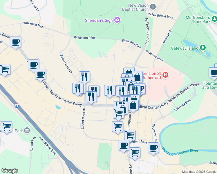 map of restaurants, bars, coffee shops, grocery stores, and more near 1411 Van Cleve Lane in Murfreesboro