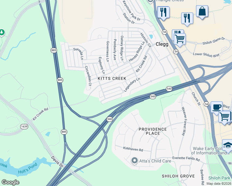 map of restaurants, bars, coffee shops, grocery stores, and more near 1040 Gold Rock Lane in Morrisville