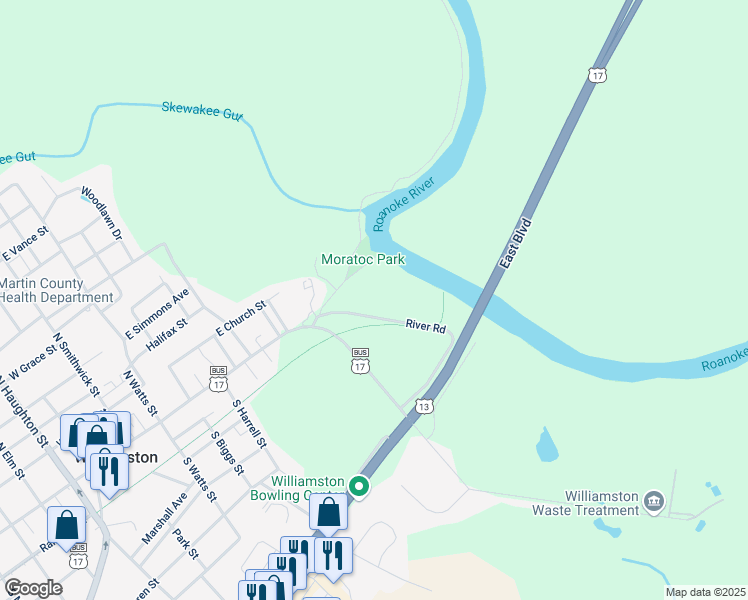 map of restaurants, bars, coffee shops, grocery stores, and more near 722 River Road in Williamston