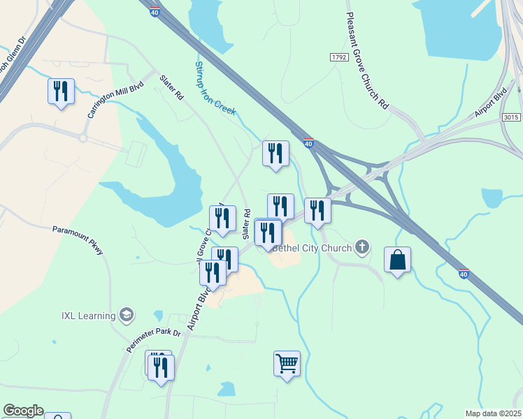 map of restaurants, bars, coffee shops, grocery stores, and more near 2750 Slater Road in Morrisville