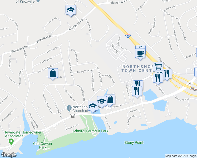 map of restaurants, bars, coffee shops, grocery stores, and more near 1901 Breezy Ridge Trail in Knoxville