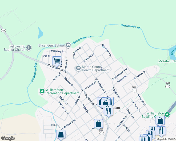 map of restaurants, bars, coffee shops, grocery stores, and more near 607 North Smithwick Street in Williamston