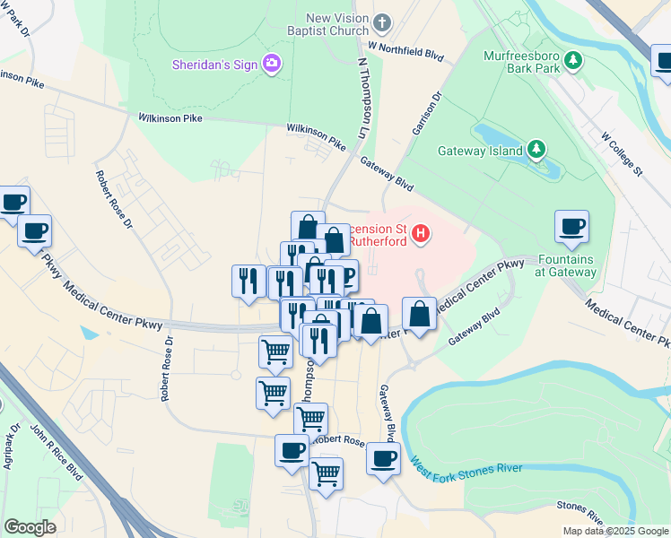 map of restaurants, bars, coffee shops, grocery stores, and more near 836 North Thompson Lane in Murfreesboro