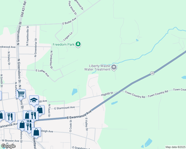 map of restaurants, bars, coffee shops, grocery stores, and more near 527 Beaver Dam Road in Liberty