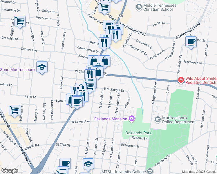 map of restaurants, bars, coffee shops, grocery stores, and more near 204 Hillside Court in Murfreesboro