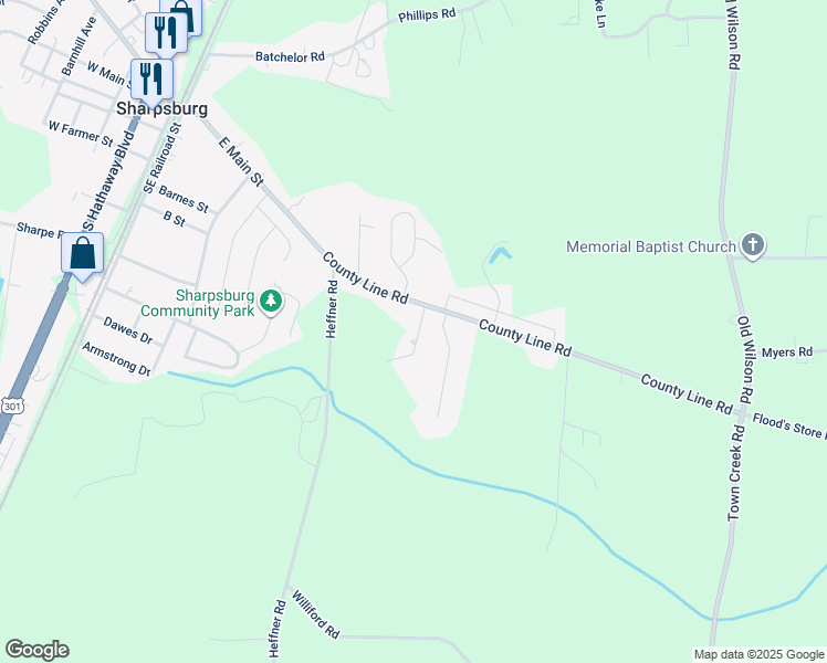 map of restaurants, bars, coffee shops, grocery stores, and more near 9075 County Line Road in Rocky Mount