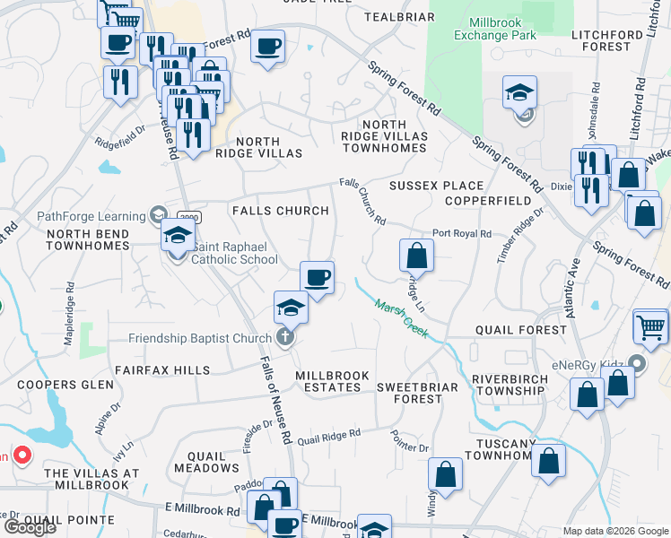 map of restaurants, bars, coffee shops, grocery stores, and more near 5620 Old Forge Circle in Raleigh