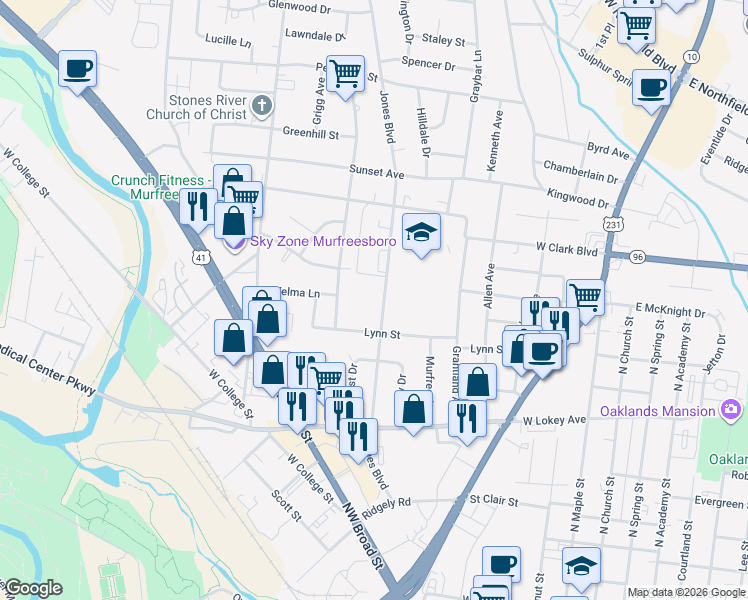 map of restaurants, bars, coffee shops, grocery stores, and more near 1123 Jones Boulevard in Murfreesboro