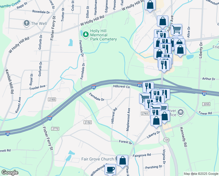 map of restaurants, bars, coffee shops, grocery stores, and more near 404 Hillcrest Circle in Thomasville