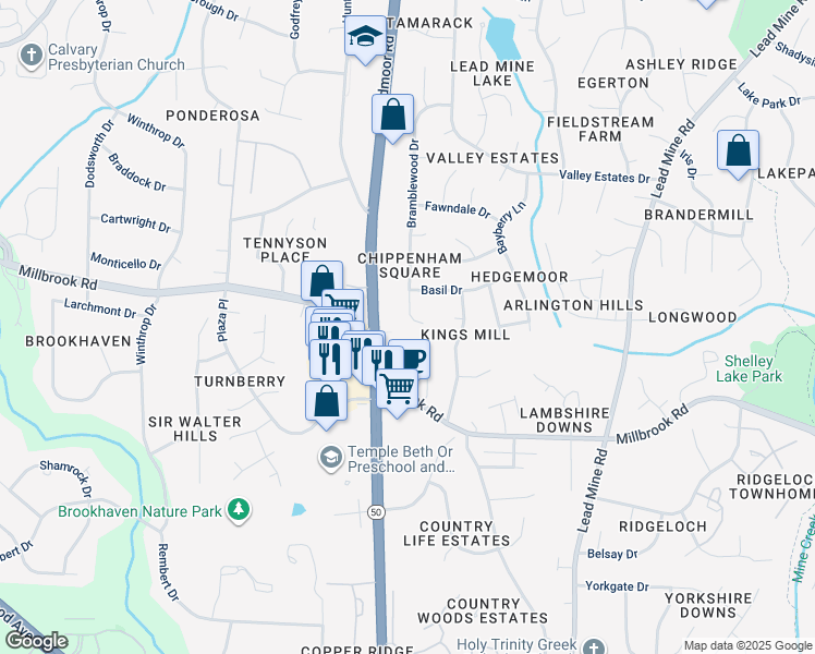 map of restaurants, bars, coffee shops, grocery stores, and more near 5717 Bramblewood Drive in Raleigh