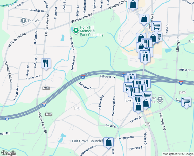 map of restaurants, bars, coffee shops, grocery stores, and more near 404 Hillcrest Circle in Thomasville