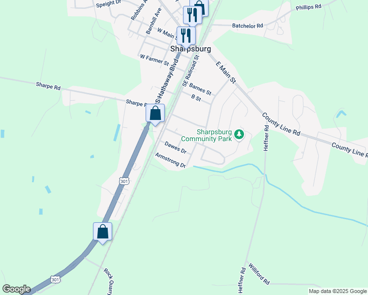 map of restaurants, bars, coffee shops, grocery stores, and more near 128 Dawes Drive in Elm City
