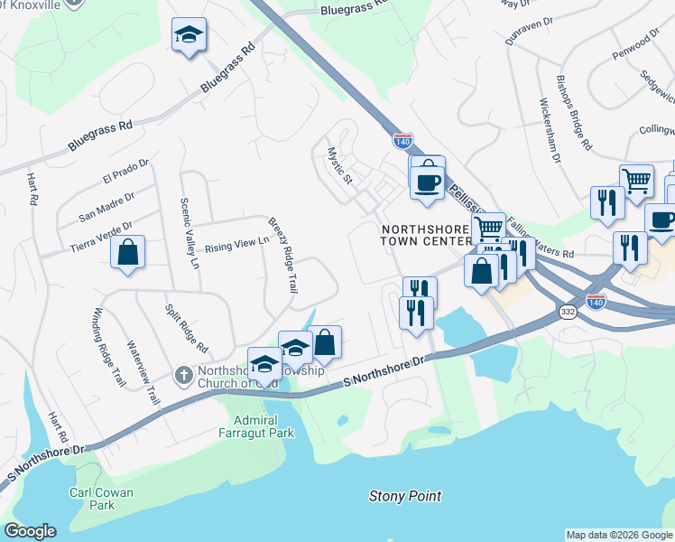 map of restaurants, bars, coffee shops, grocery stores, and more near 1808 Water Mill Trail in Knoxville