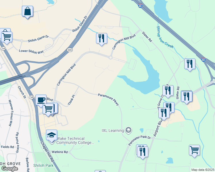 map of restaurants, bars, coffee shops, grocery stores, and more near 4200 Paramount Parkway in Morrisville