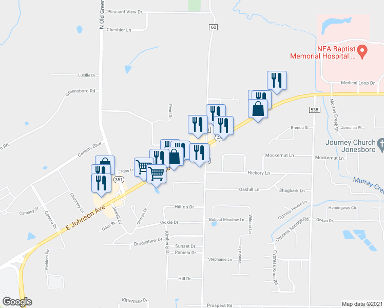 map of restaurants, bars, coffee shops, grocery stores, and more near 3900 East Johnson Avenue in Jonesboro