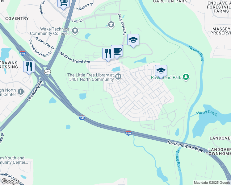 map of restaurants, bars, coffee shops, grocery stores, and more near 6401 Giddings Street in Raleigh
