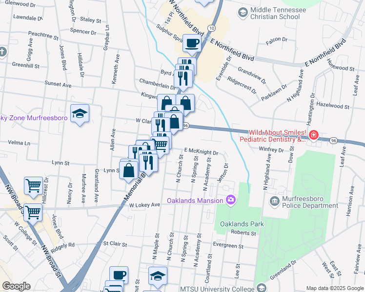 map of restaurants, bars, coffee shops, grocery stores, and more near 102 West McKnight Drive in Murfreesboro