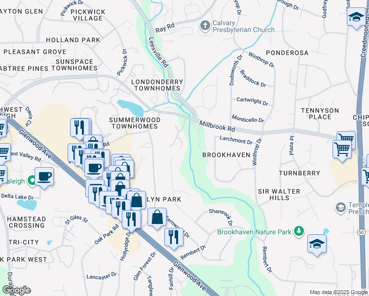 map of restaurants, bars, coffee shops, grocery stores, and more near 5900 Timber Creek Lane in Raleigh