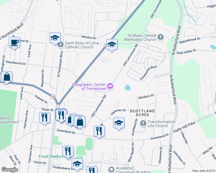 map of restaurants, bars, coffee shops, grocery stores, and more near 1311 Old Lascassas Road in Murfreesboro